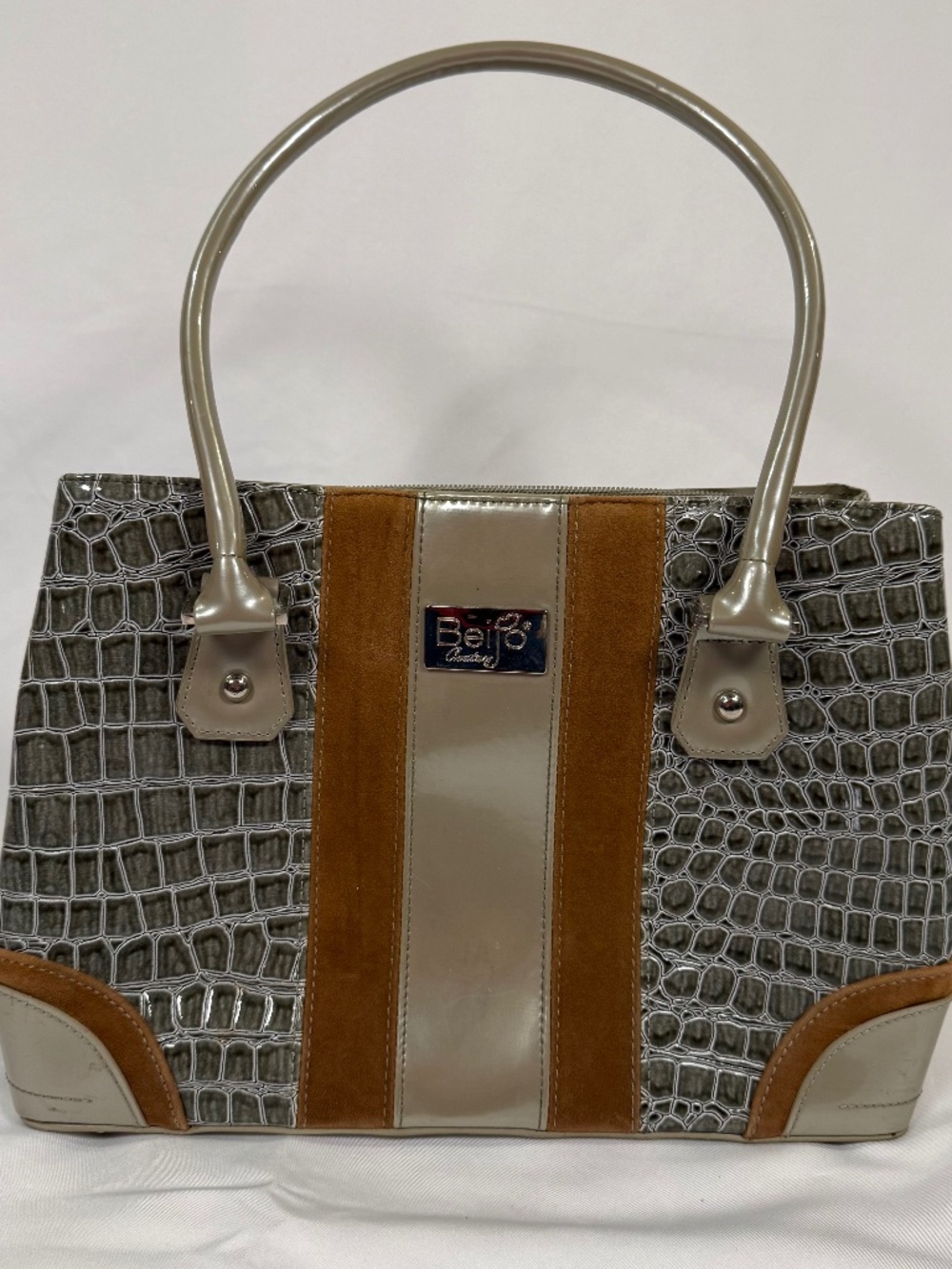 Beijo Couture Satchel Faux Crocodile Embossed Taupe Brown Y2K Structured Purse